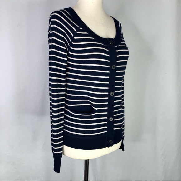 Aubin & Wills striped cardigan sweater navy white pockets super soft merino XXS - Picture 11 of 11